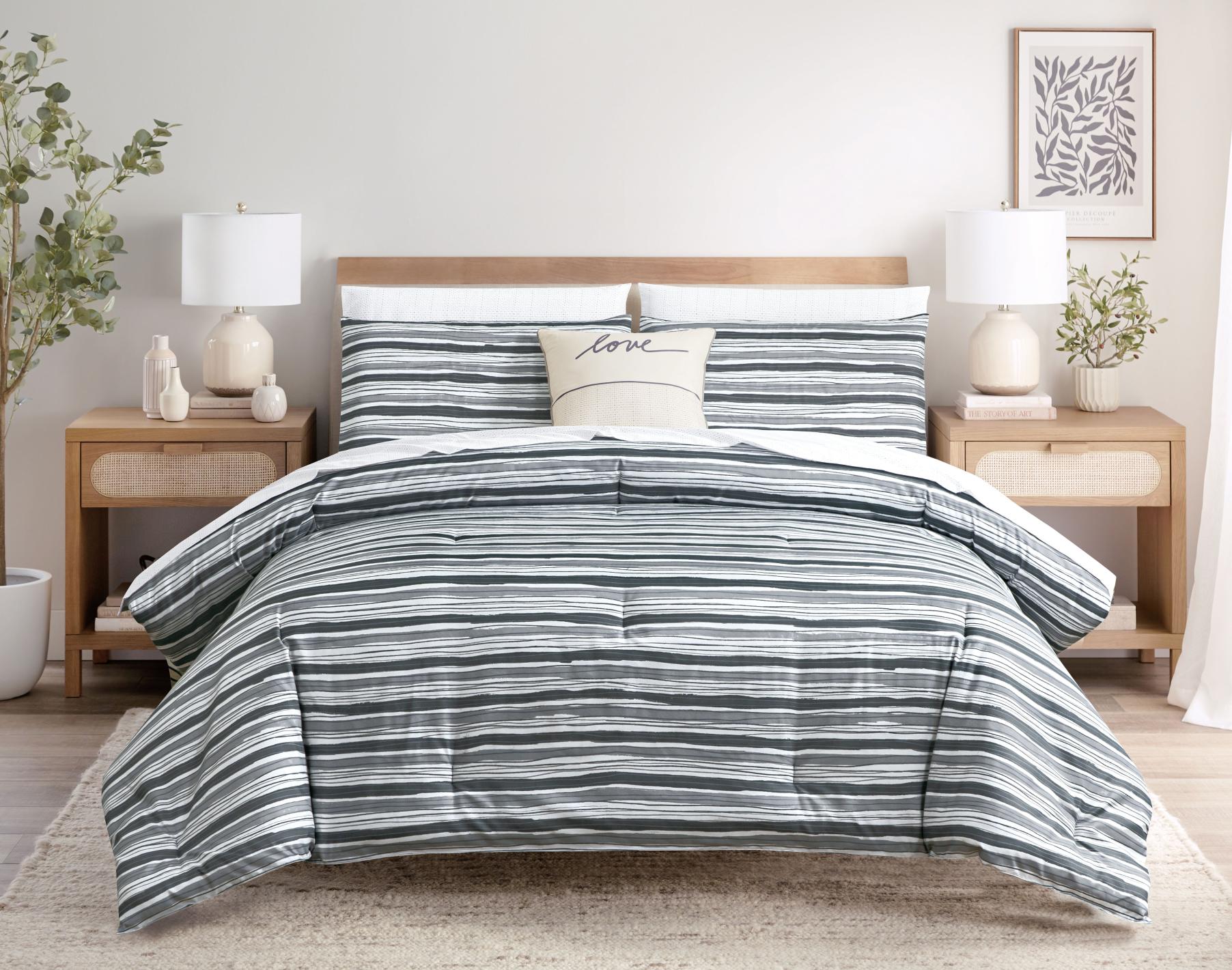 Set de ropa de cama con plumón de rayas grises de 260 x 240 cm, 8 piezas