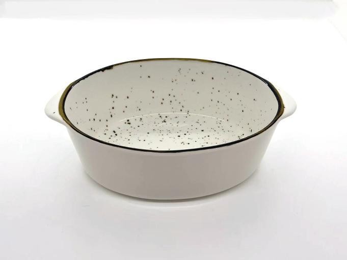 Fuente redonda para horno de porcelana con diseño moteado de 27 x 17 x 8 cm