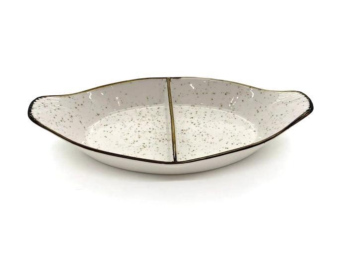 Fuente ovalada dividida de porcelana con diseño moteado de 30 x 16 x 4,5 cm