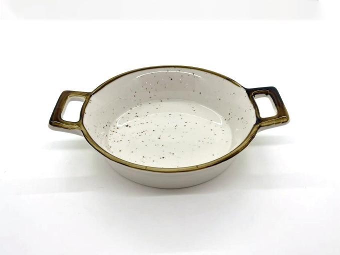 Fuente redonda para horno de porcelana con diseño moteado de 20 x 15,5 x 3,5 cm
