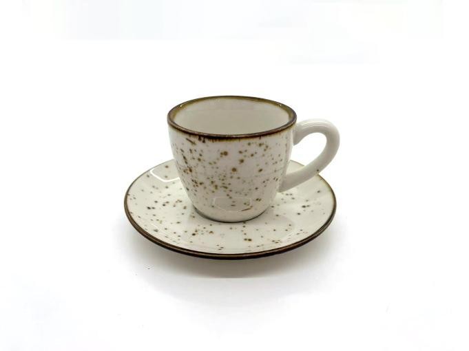 Taza de porcelana con diseño moteado con plato de 80 ml