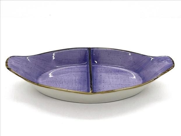 Fuente ovalada dividida de porcelana con diseño morado de 30 x 16 x 4,5 cm