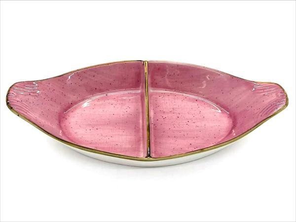 Fuente ovalada dividida de porcelana con diseño rosado de 30 x 16 x 4,5 cm