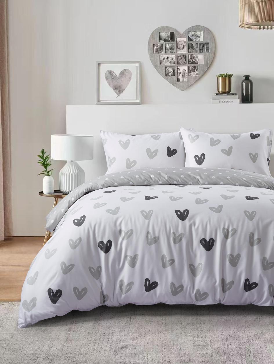 Set de funda de plumón gris y blanco con corazones de 140 x 200 cm, 2 piezas