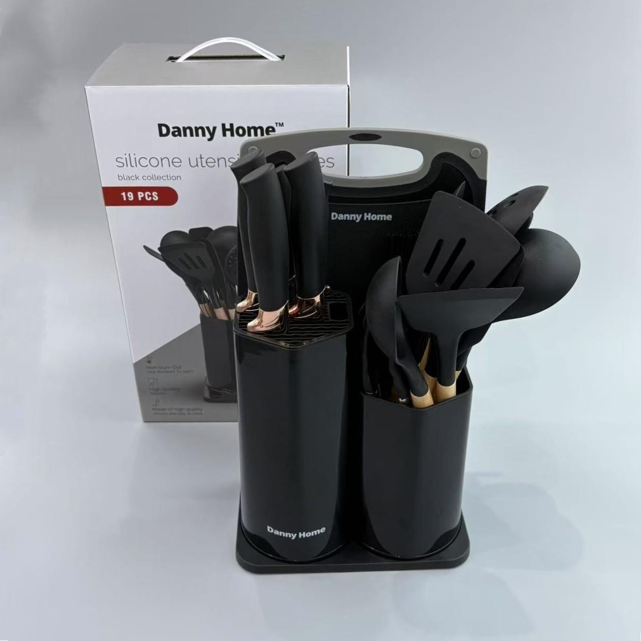 Set negro de cuchillos y utensilios de cocina de 19 piezas
