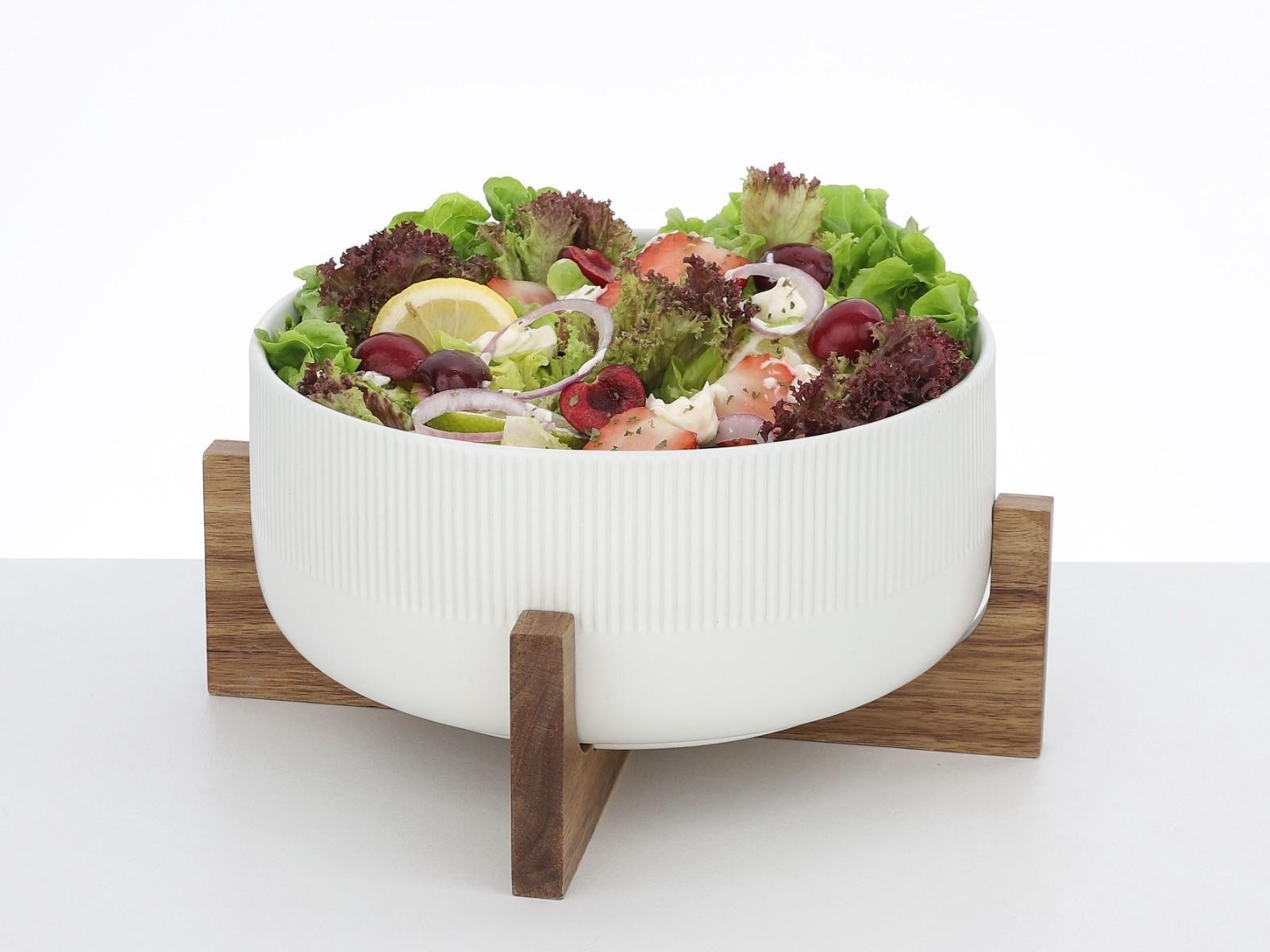Ensaladera de porcelana de 2,7 litros con soporte de madera