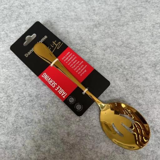 Cuchara ranurada para servir de acero inoxidable con acabado dorado