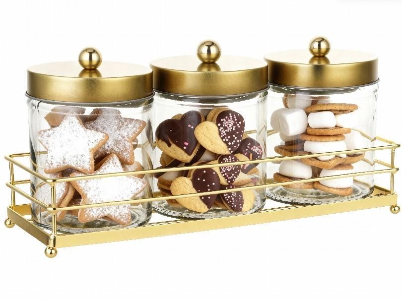Set de frascos de vidrio de 3 piezas con soporte dorado