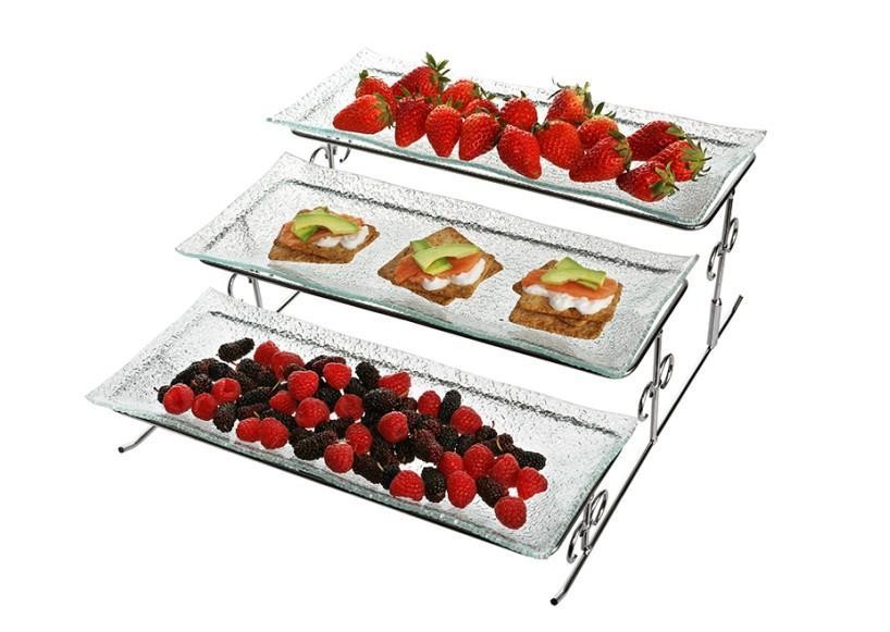 Set de bandejas de vidrio de 3 piezas con soporte plateado