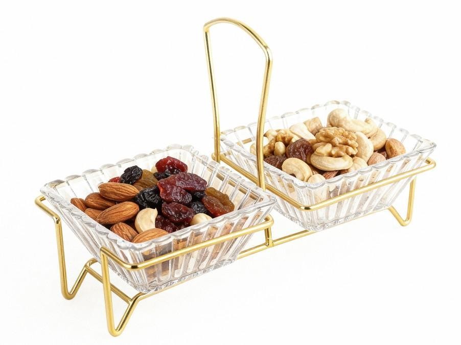 Set para aperitivos de vidrio de 2 piezas con soporte dorado