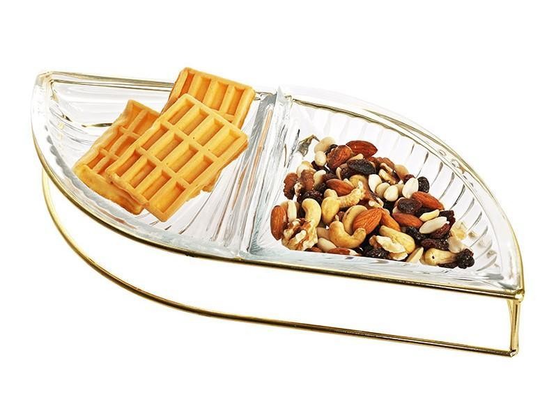Set para aperitivos de vidrio de 2 piezas con soporte dorado
