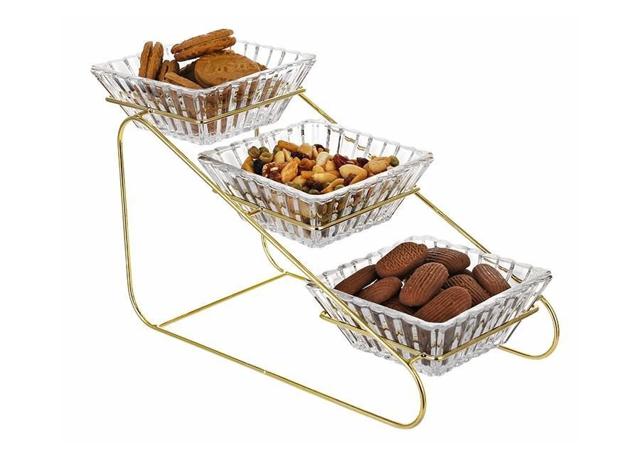 Set de bowls de vidrio de 3 niveles con soporte dorado