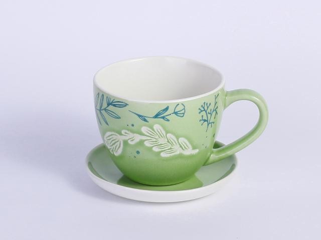 Set de 6 tazas con platos de porcelana con hojas decorativas de 100 ml