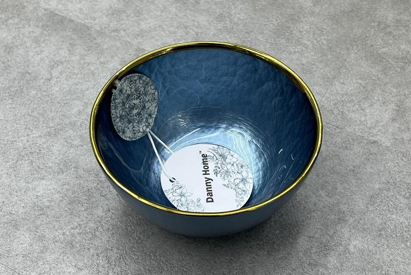 Bowl hondo de vidrio con acabado azul y borde dorado de 12 x 5,5 cm