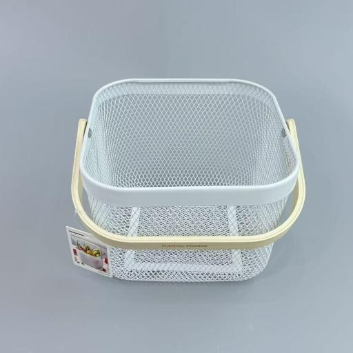Canasto cuadrado blanco de metal y madera de 24 x 24 x 17,5 cm